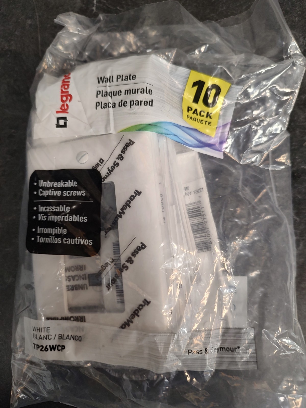Legrand TP26WCP Mid-Size Unbreakable Nylon Wall Plate Single Gang 10-Pack NISP