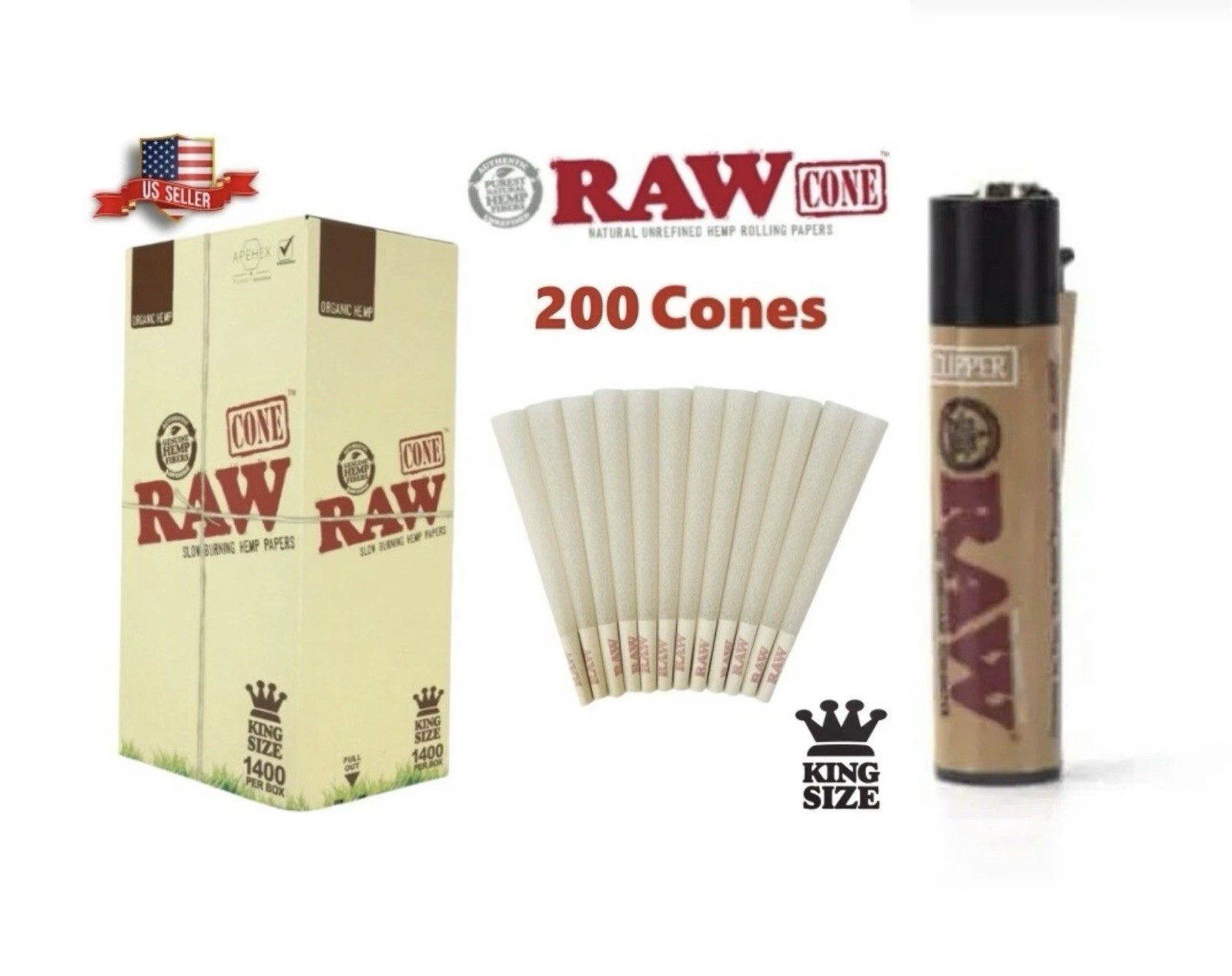 RAW organic  cone king size (200PK)+raw refillable clipper lighter