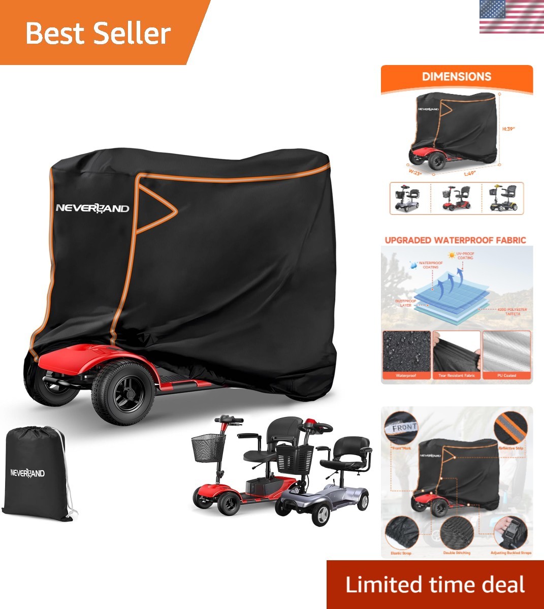 Mobility Scooter Cover Waterproof 49"L x 23"W x 39"H | Reflective Strips, Adj...