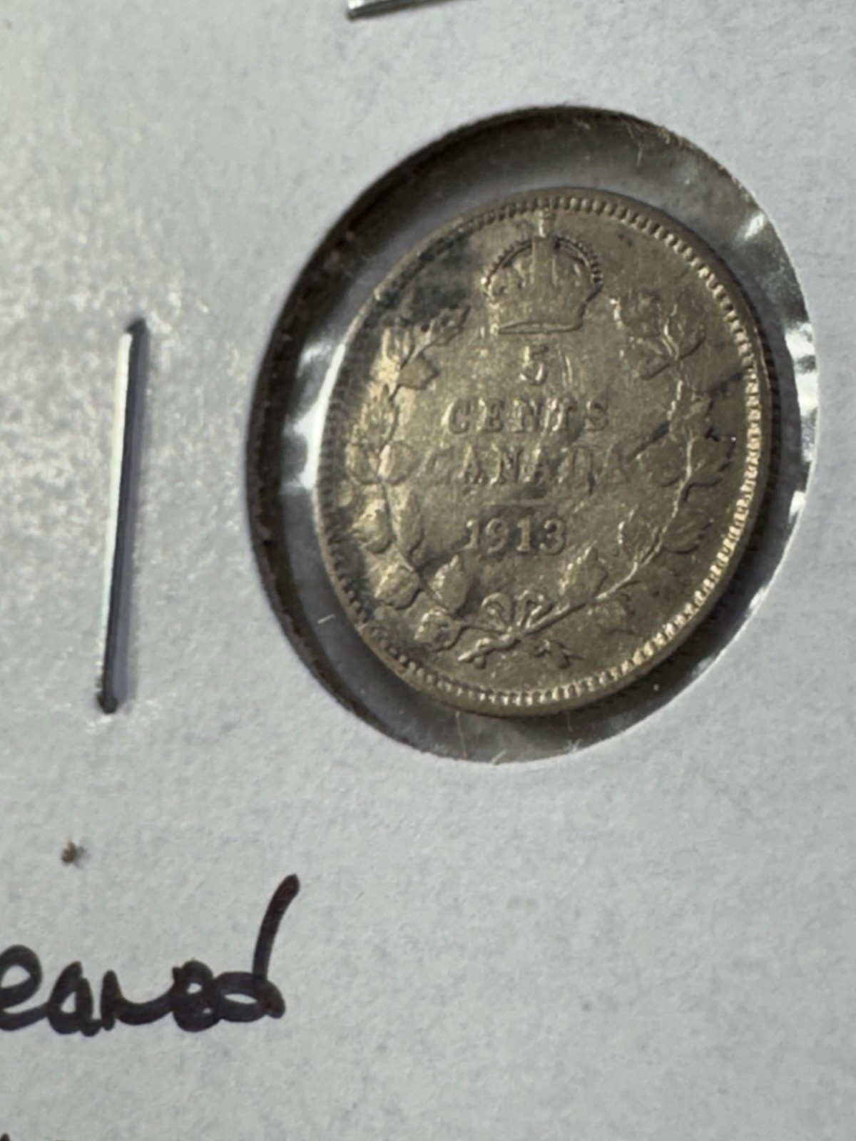 1913 Canada 5 Cents Small Silver Coin Cleaned