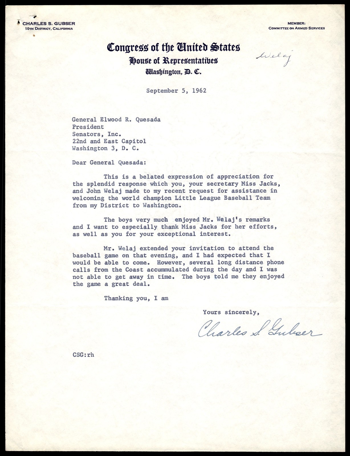 Charles Gubser Signed U.S. House of Reps 1962 Letter to Elwood Quesada *CF247
