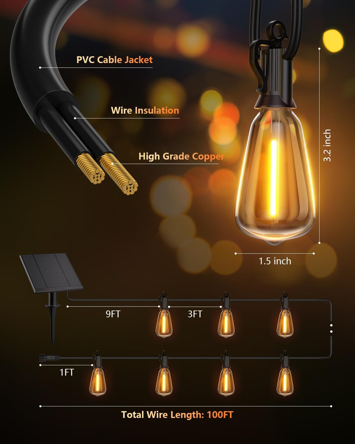 100FT Solar String Lights Outdoor Waterproof with Remote, 31+1 LED Shatterproof