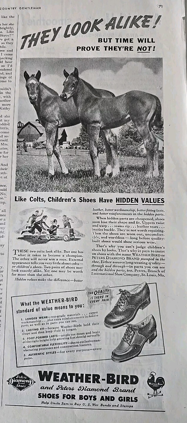 1942 Weather-bird  shoes for children horses colts  hidden values vintage ad