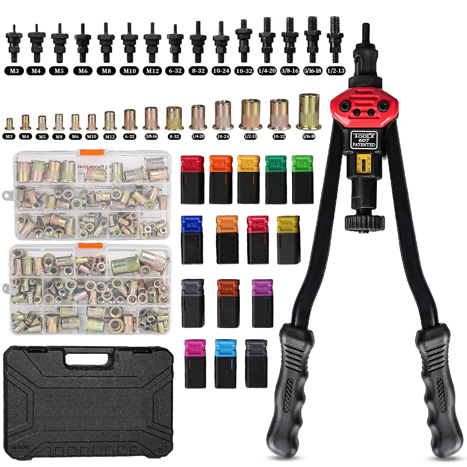 Rivet Nut Tool Kit 16″ Rivnut Tool with 15 Metric & SAE Mandrels & 200 Rivet Nut