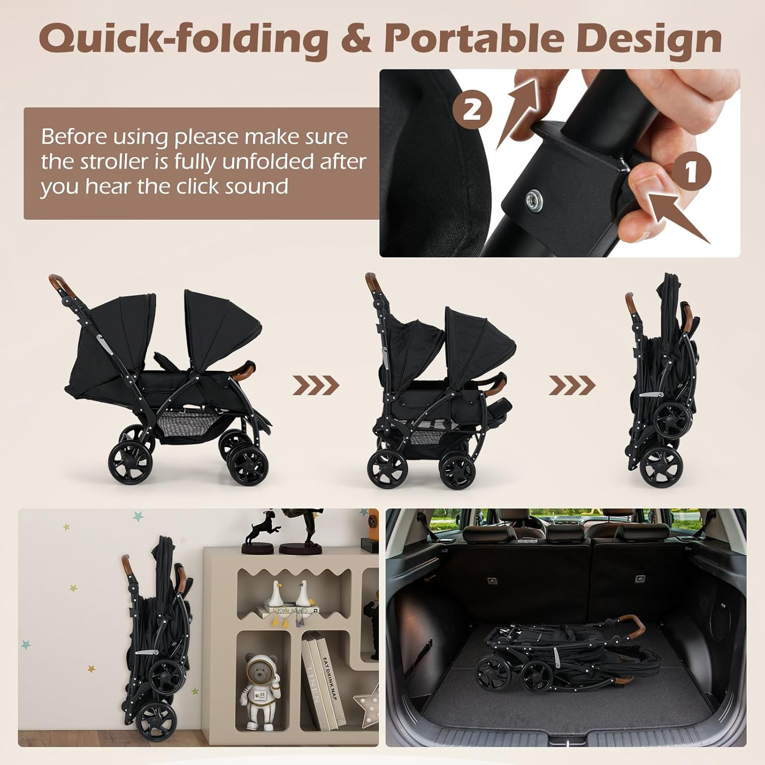 Double Stroller, Foldable Baby Tandem Stroller with Djustable Backrest Canopy Fo