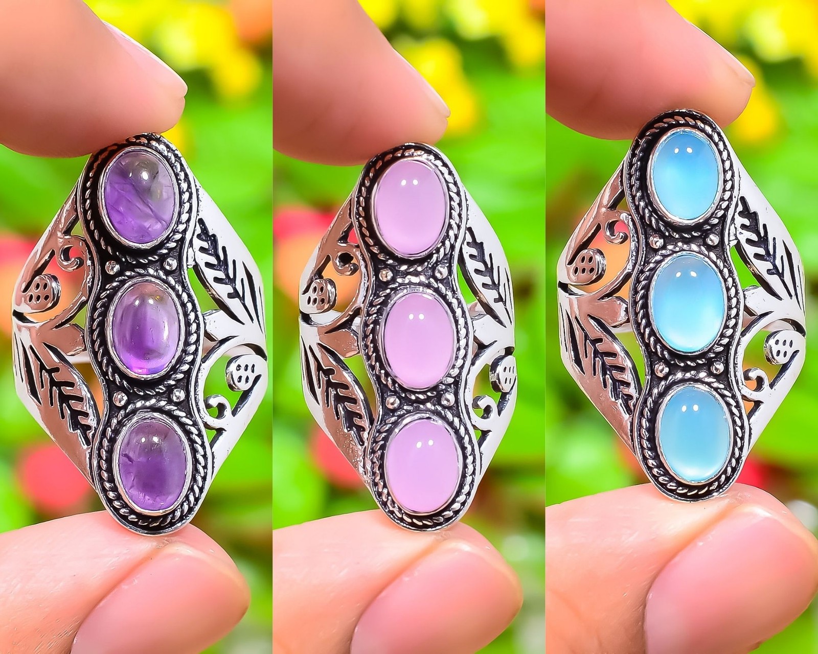 Sage Amethyst,Rose Quartz,Mix Gemstone 925 Sterling Silver Ring Variation