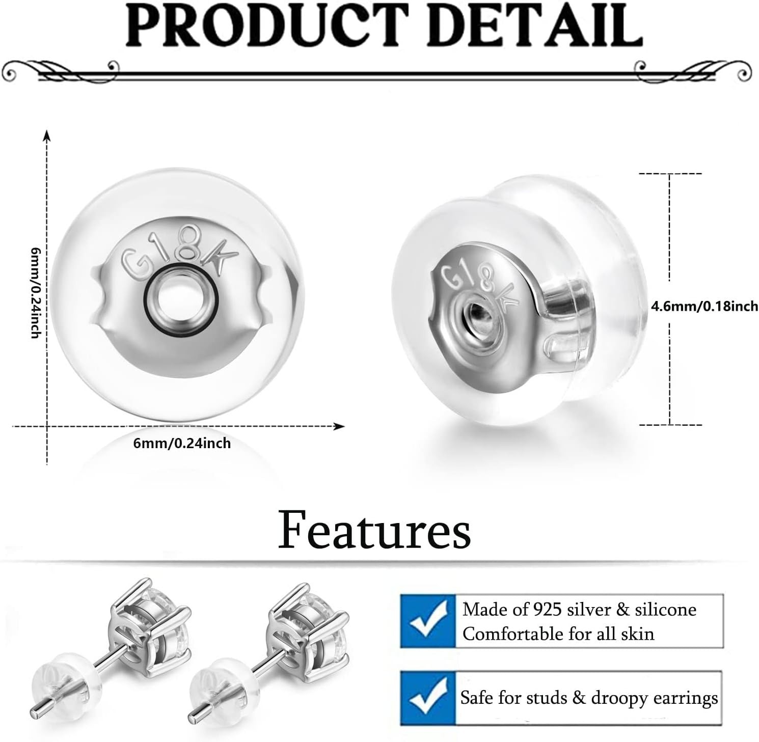 Earring Backs 18K Gold Locking Secure Earring Backs for Studs, Silicone Earri...