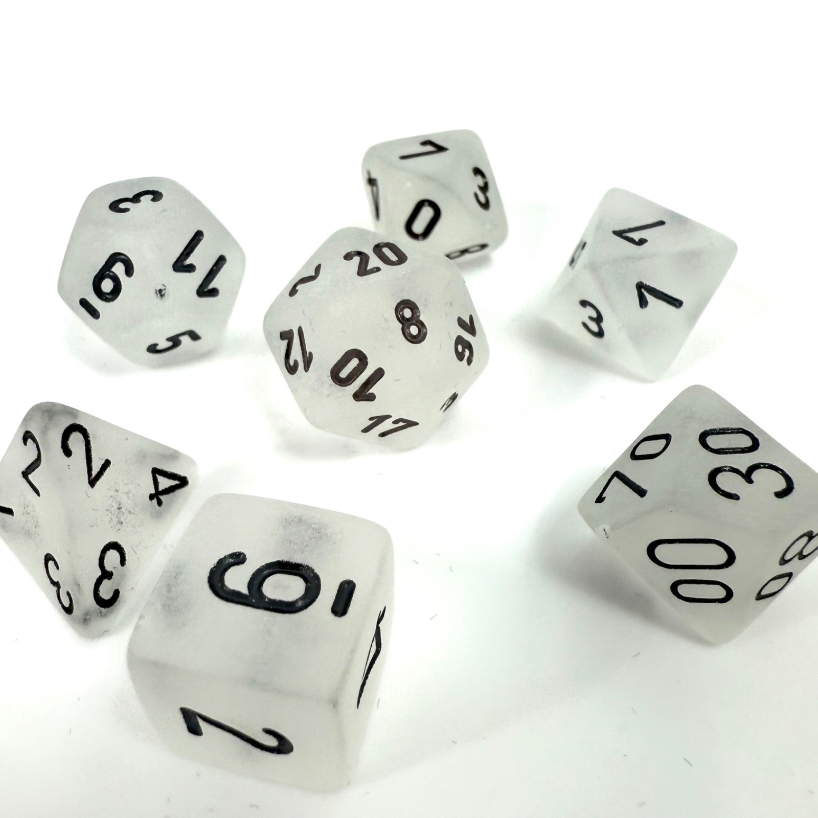 RARE OOP Chessex Frosted Clear with Black Polyhedral Dice Set CHX 27401 DnD
