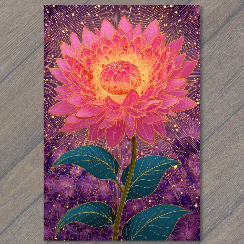 POSTCARD Pink Magenta Lotus Flower Radiant Glow Purple Starburst Psychedelic