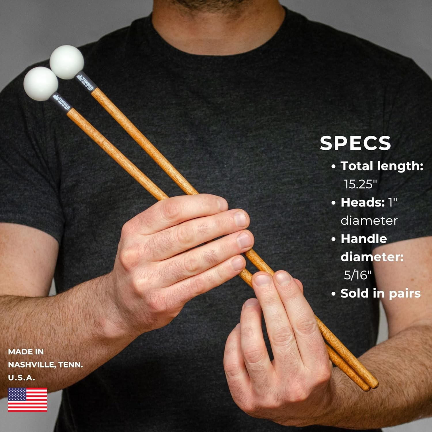 Timber Drum Co. Percussion Bell Mallets — MADE IN Single Pair, Hard Poly