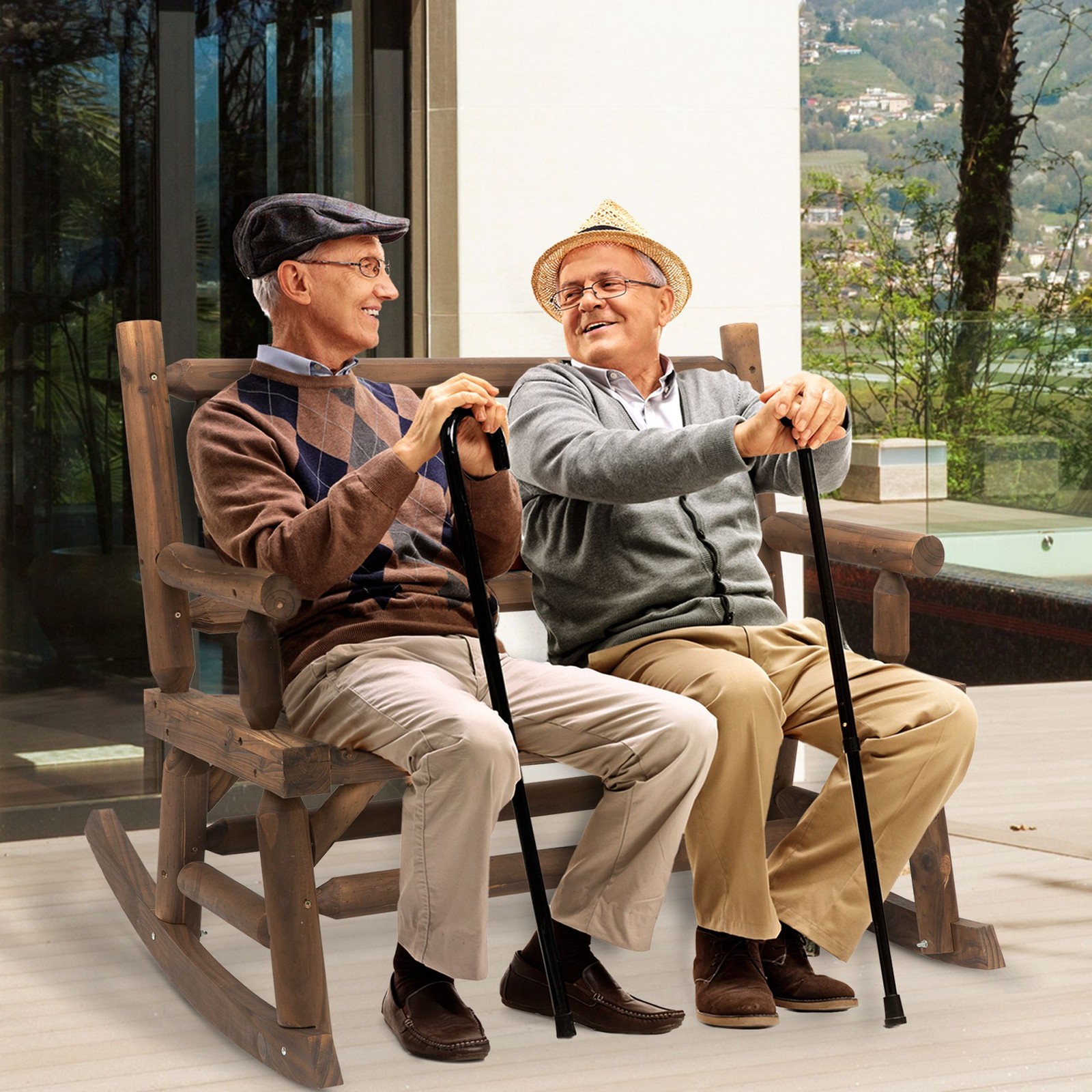 Durable Fir Wood Double Rocker, 44in Length 550lb Capacity Outdoor Use