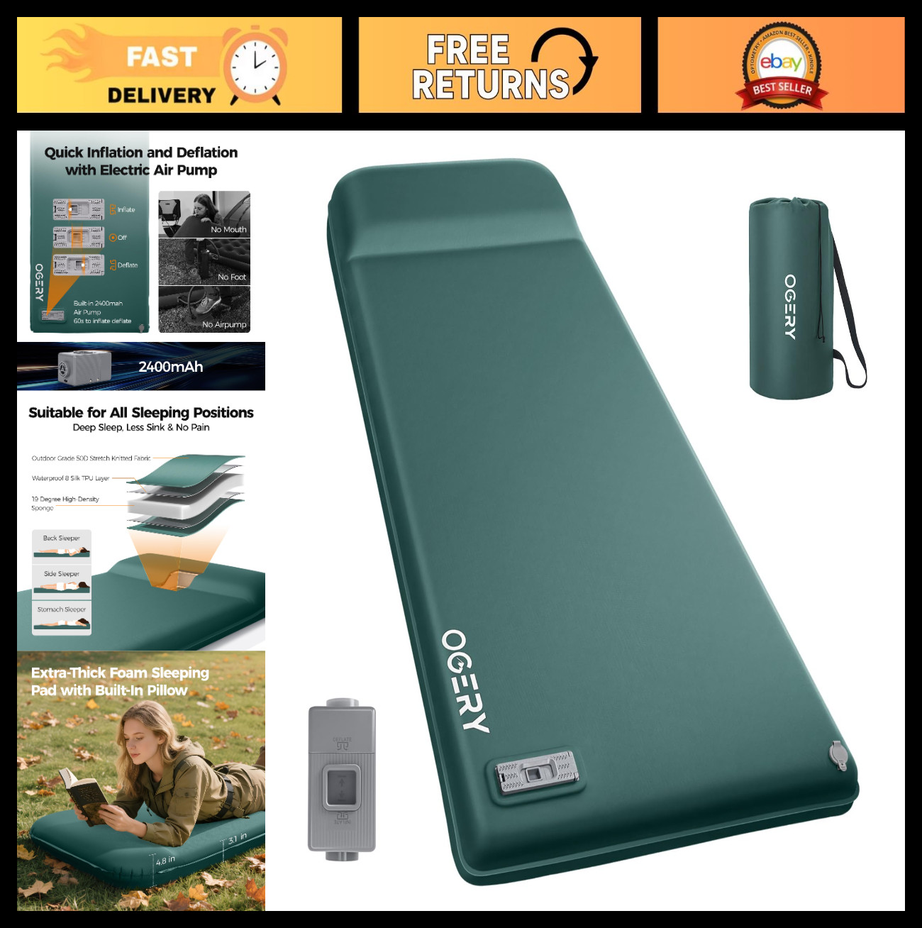Self-Inflating Camping Mattress Pad with Electric Pump, 3.15" Thick Foam, 4 Seas
