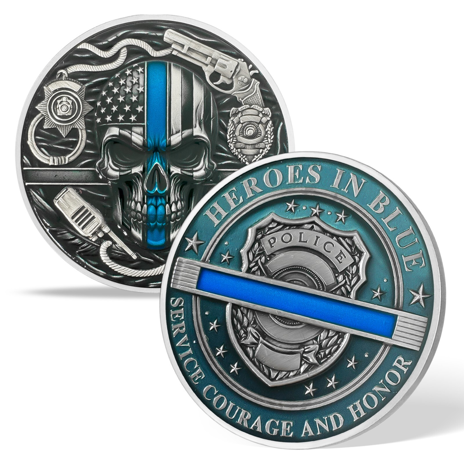 Law Enforcement Officer Challenge Coin - Thin Blue Line Skull Police Prayer Coin