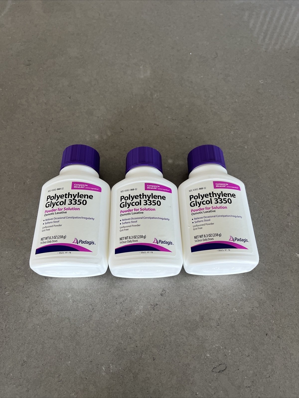 3 Pk Padagis Polyethylene Glycol 3350 Powder Osmotic Laxative 8.3oz Ea | Exp4/26
