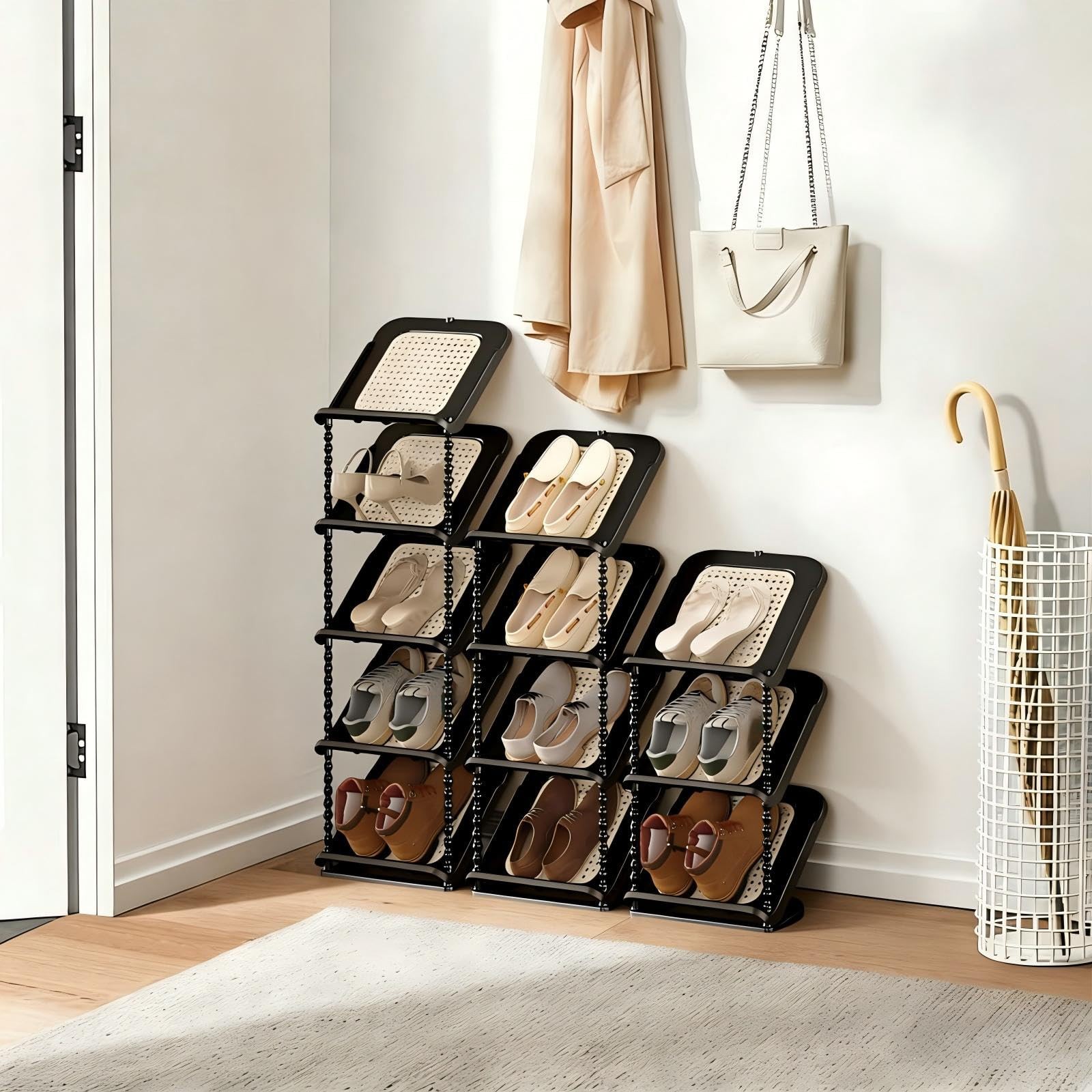 Boho Rattan 5-Tier Vertical Shoe Rack, Space Saving Shoe Organizer for Entryw...