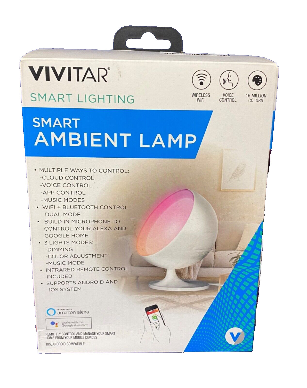 Vivitar Smart Lighting-Ambient Lamp-WIFI-Voice Control-16 Million Colors-New