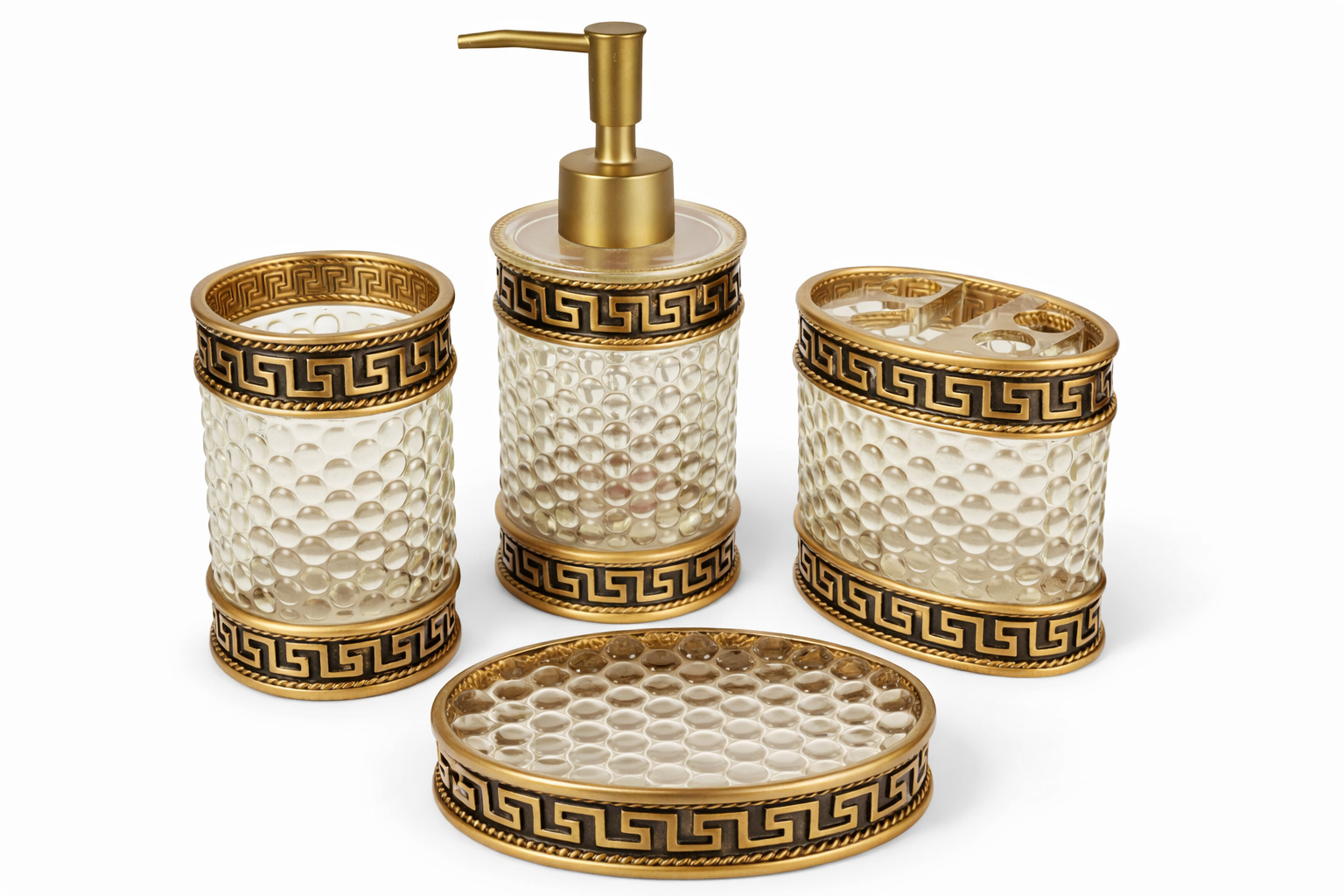 Gold Bronze Bath Set 4PC Soap Dispenser & dish  Toothbrush Holder Tumbler