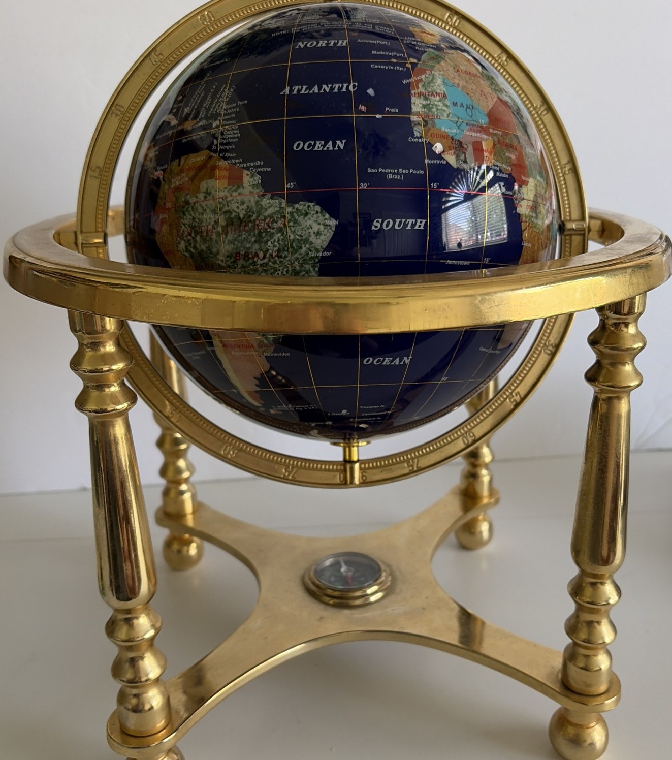 Large Gemstone World Globe Brass Stand Compass Inlay Decor Adjustable Feet 15”T