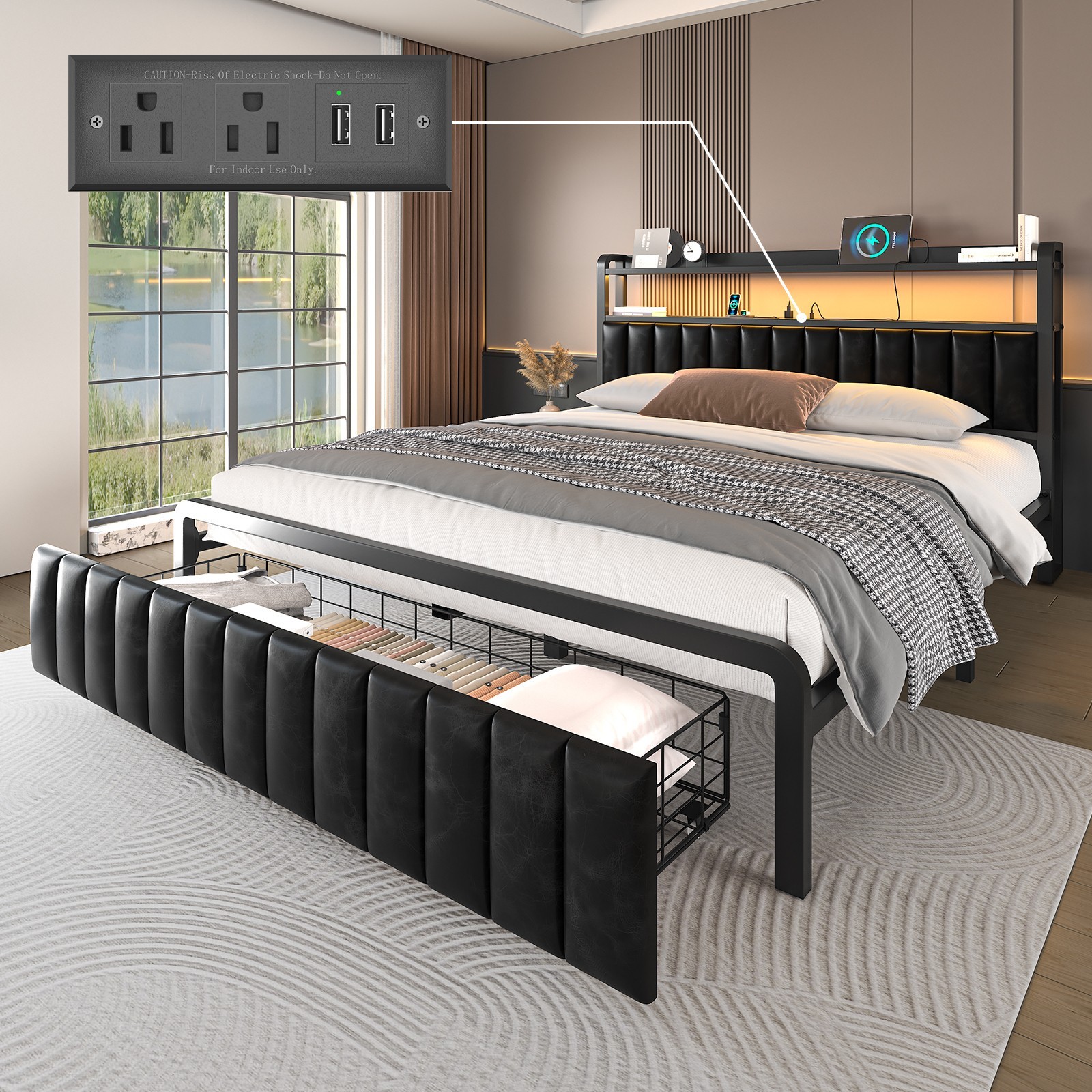 Full Queen Size Metal Platform Bed Frame with Drawer&LED&Charging Headborad