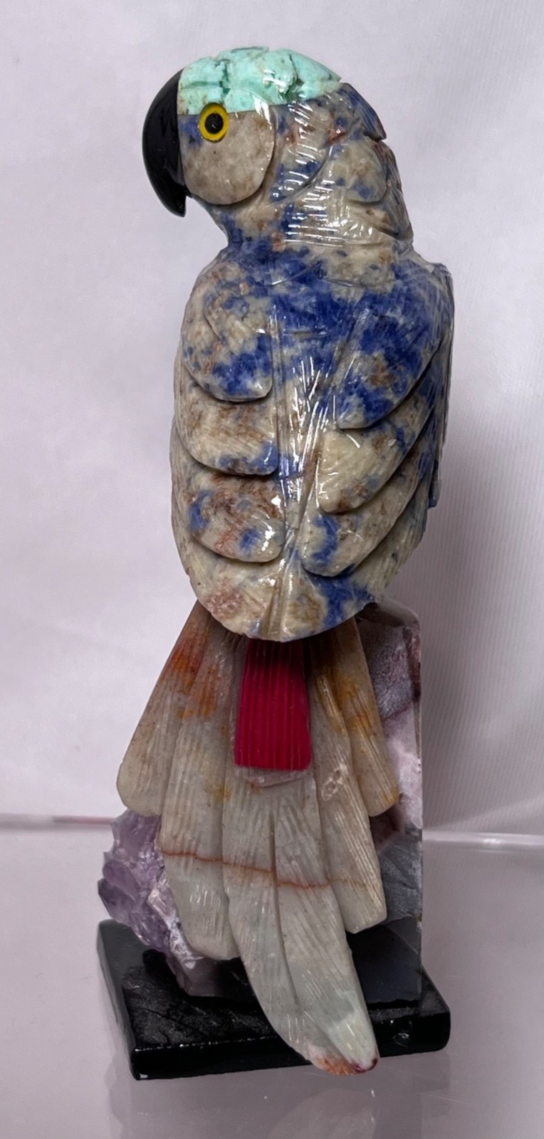 Peruvian Handcrafted Blue & White Parrot Figurine On Amethyst Stone Base 4.5"