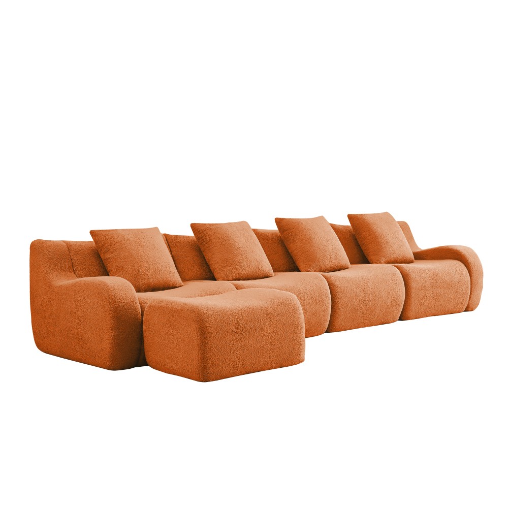 L-Shaped Teddy Fabric 4-Seat Sofa w/ Curved Armrest & Anti-Slip Design, Orange
