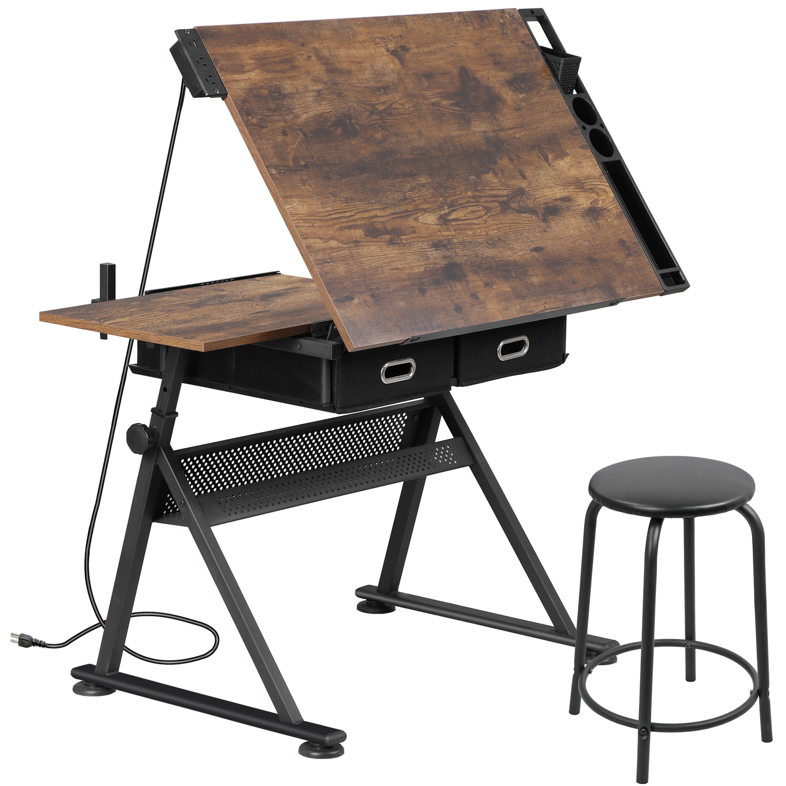 Adjustable Artist Table Tilted Tabletop w/Drafting Stool & Storage Drawer Retro