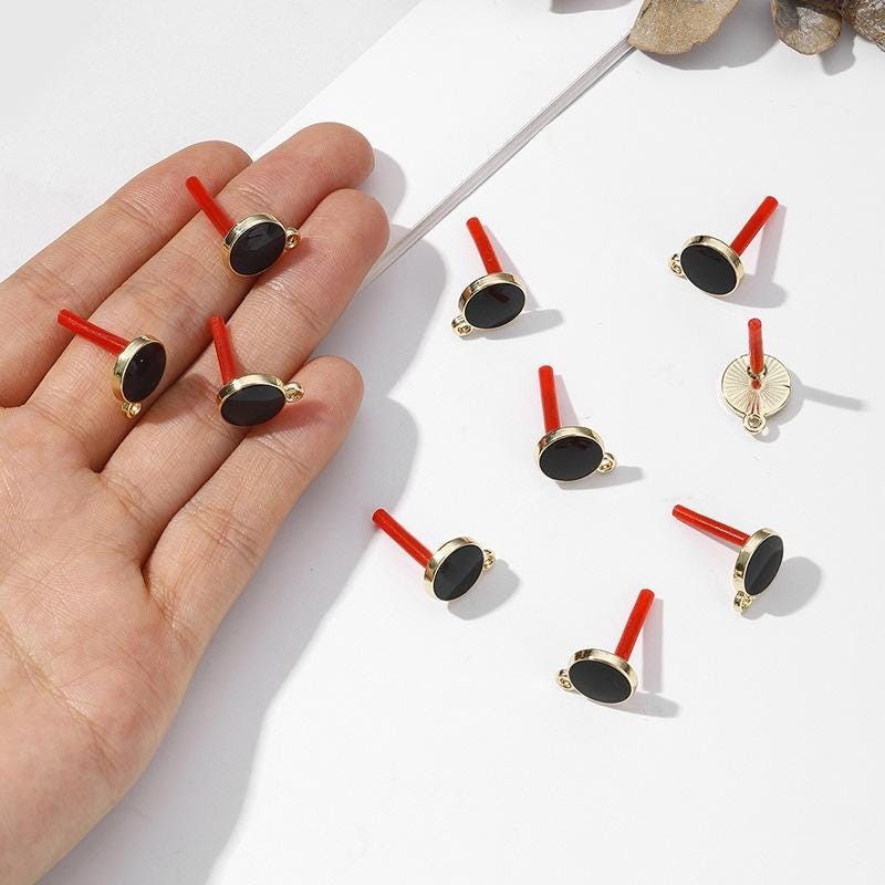 8Pairs Gold Tone Alloy Black Enamel Round Earrings Connector Component BYYW09