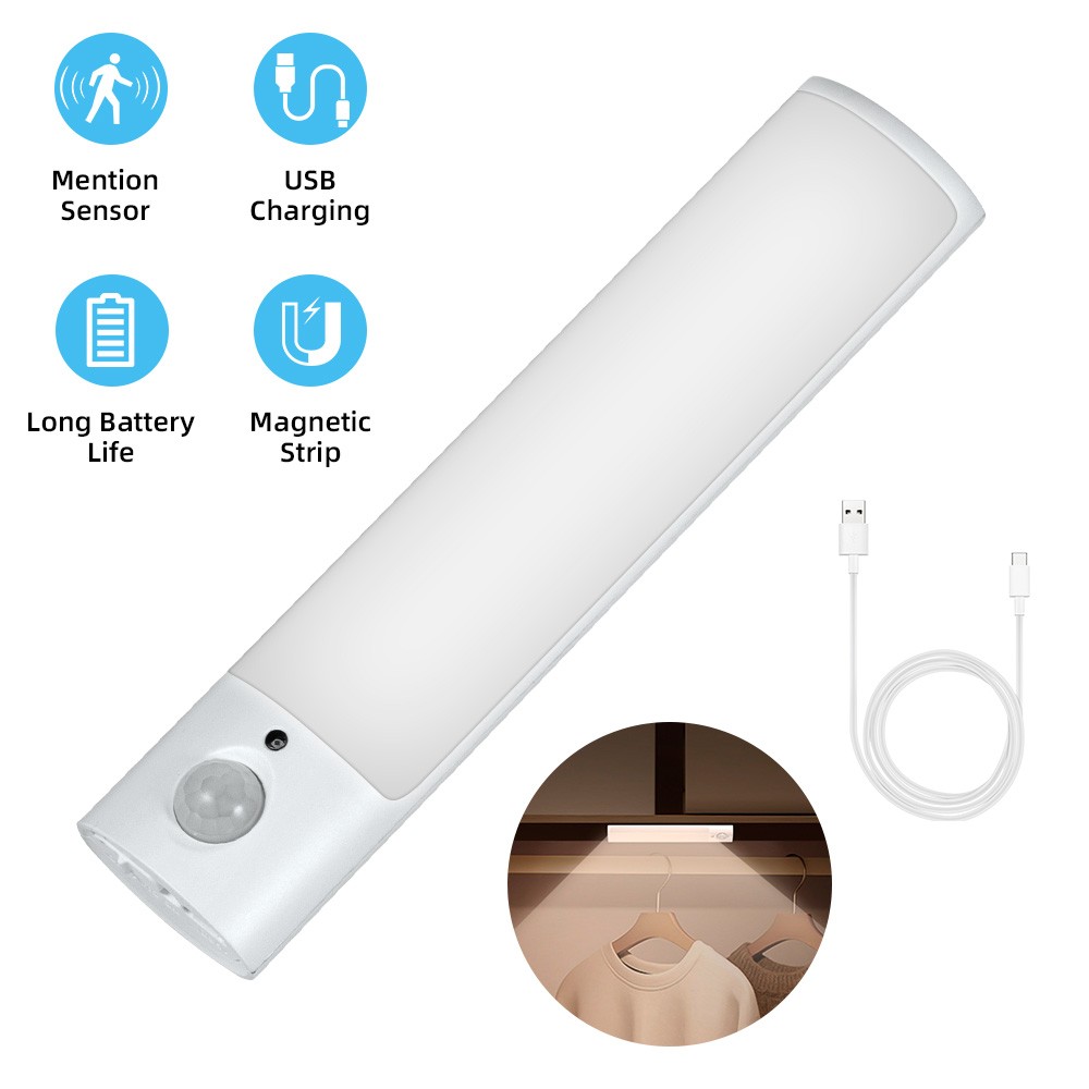 PIR Motion Sensor Magnetic LED Light USB Recharge Warm White Cupboard Lamp