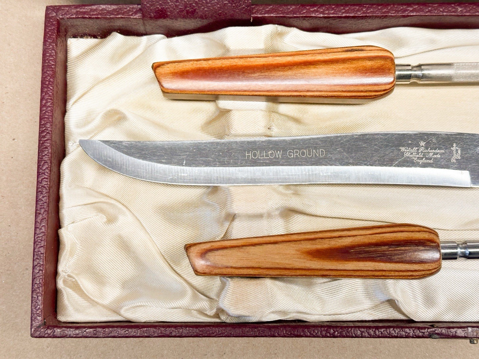 Westall Richardson Carving Set Hollow Ground Sheffield Made Layered Wood Handle