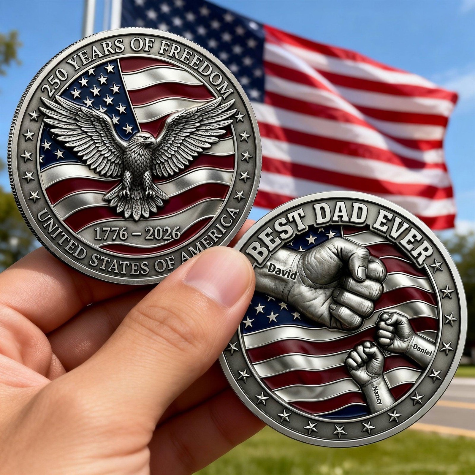 Best Dad Ever Patriotic Coin USA 250th Personalized Replica 2D Flat Token Gift