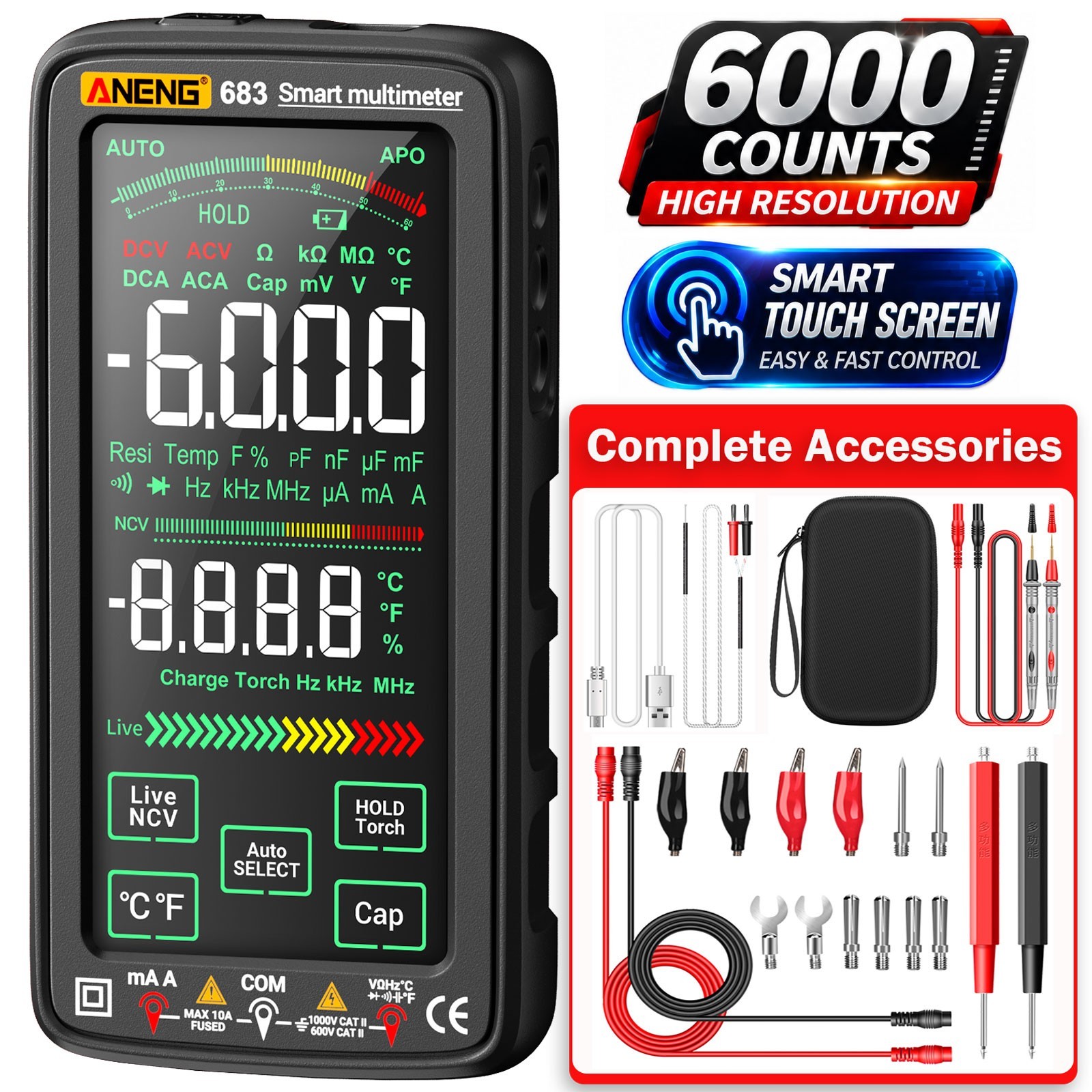 ANENG 683 Touch Screen Digital Multimeter True RMS 6000 Counts Rechargeable tool