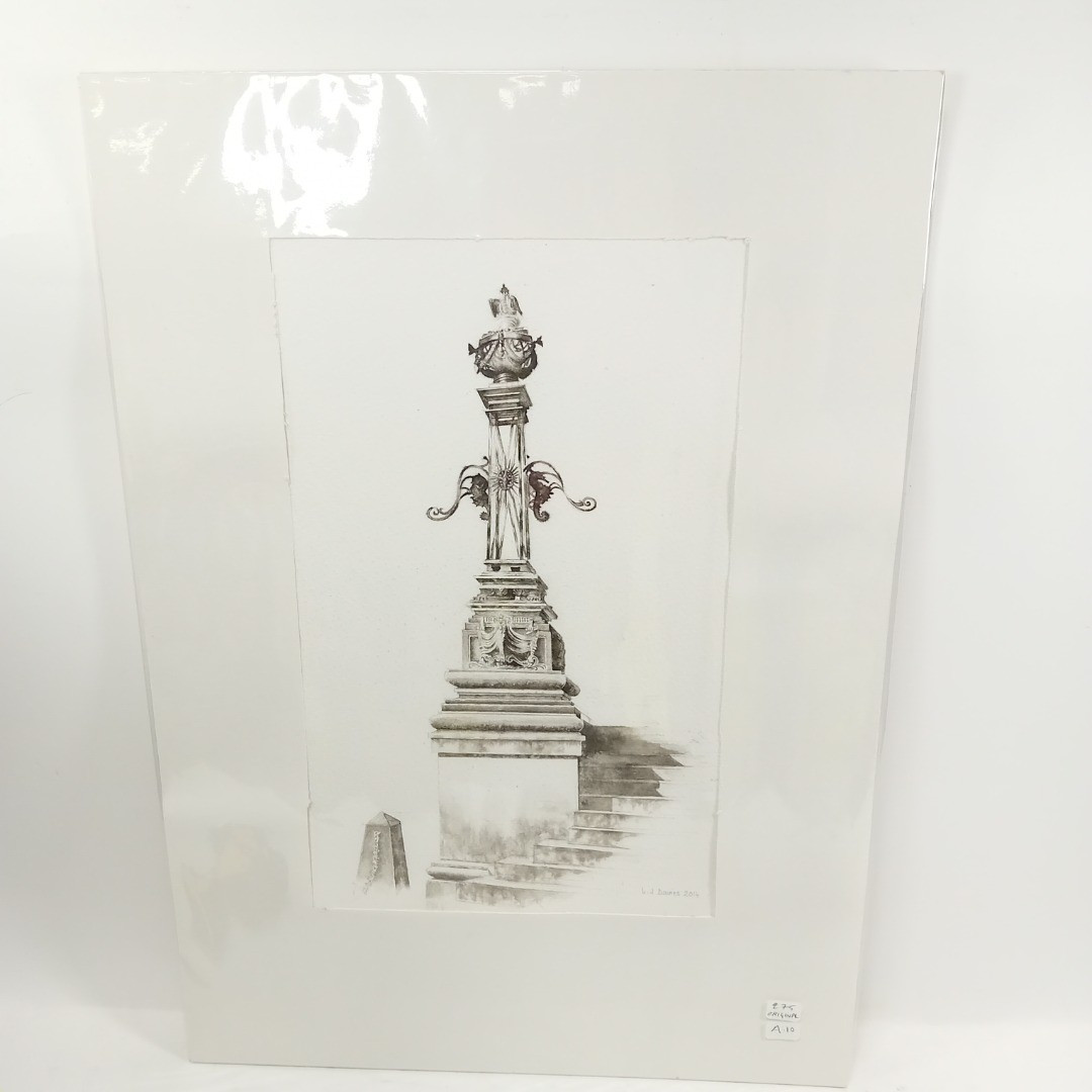L.J. Davies Cardiff Crown Court - Detail of Lamp on Steps Original Art Drawing