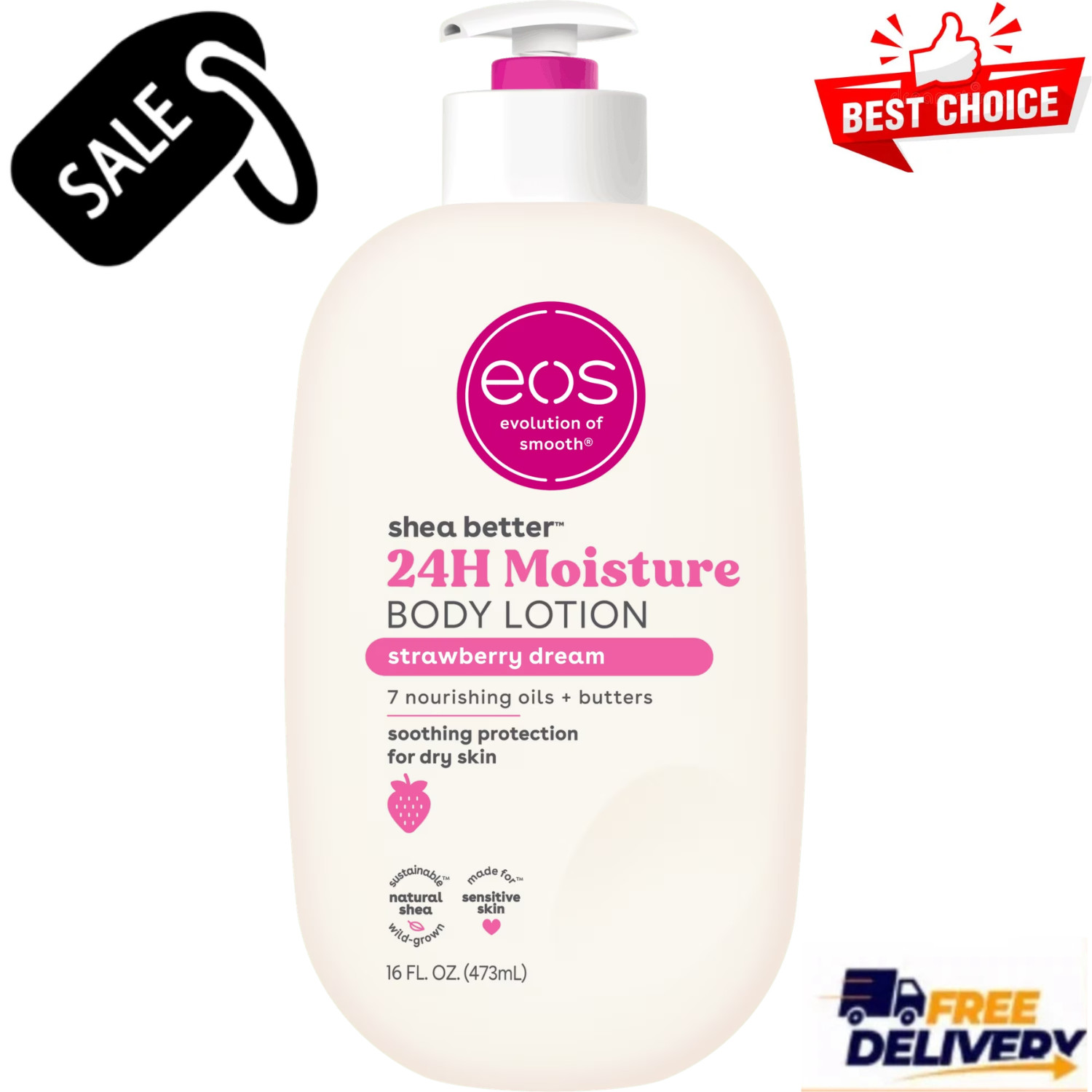 eos Shea Better Body Lotion for Dry Skin, Strawberry Dream, 16 fl oz, Softening