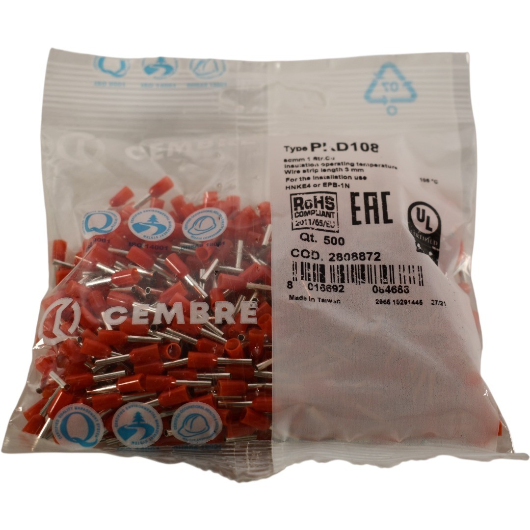 NEW Pack 500 Cembre PKD108 17AWG Wire Ferrule Insulated Red 1.0mm 8mm Pin