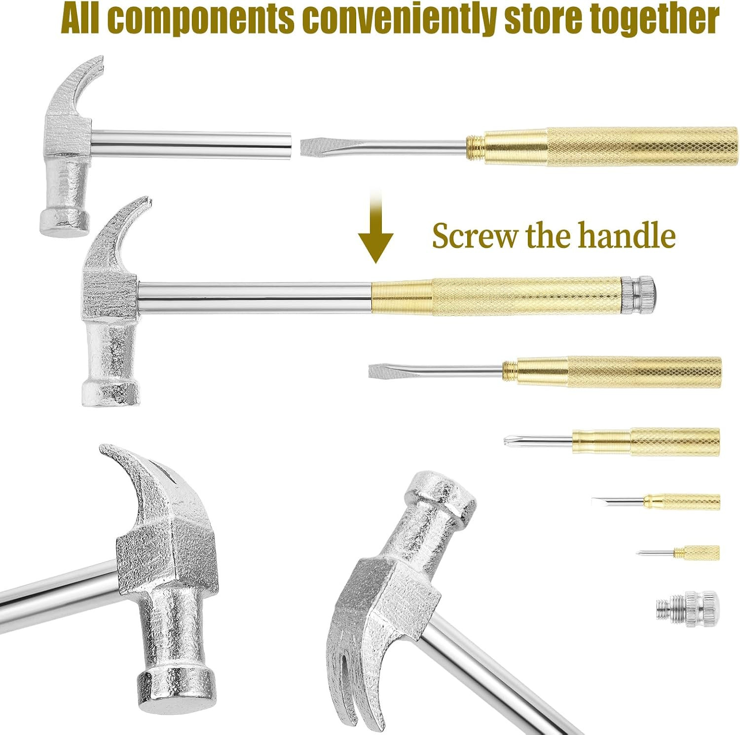 Mini Hammer 6 in 1 Small Hammer Brass Hammer Screwdriver Multitool Camping