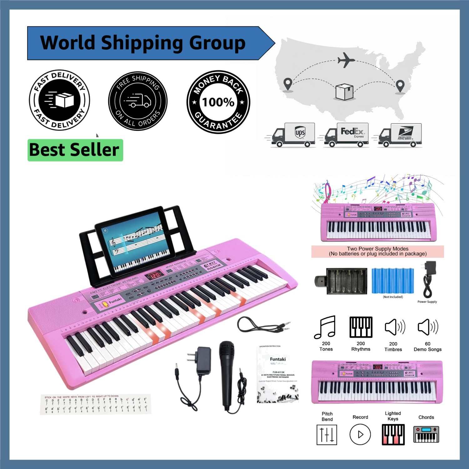 Beginner-Friendly 61-Key Electronic Piano with Lighted Keys & Recording Feature