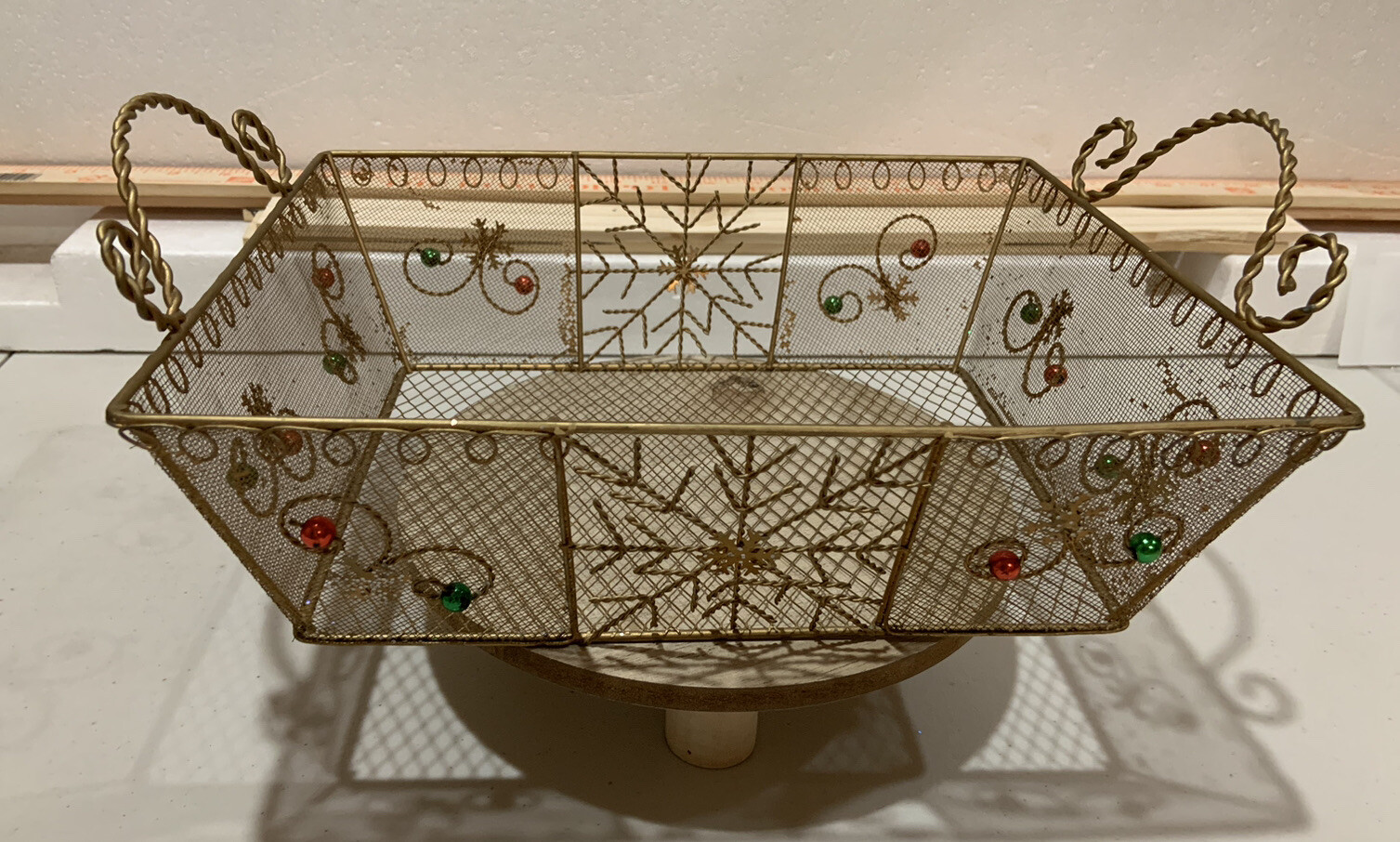 Winter Holiday Gold Tone Basket w/Snowflakes 11” X 9” X 3.5” Red & Green Accents