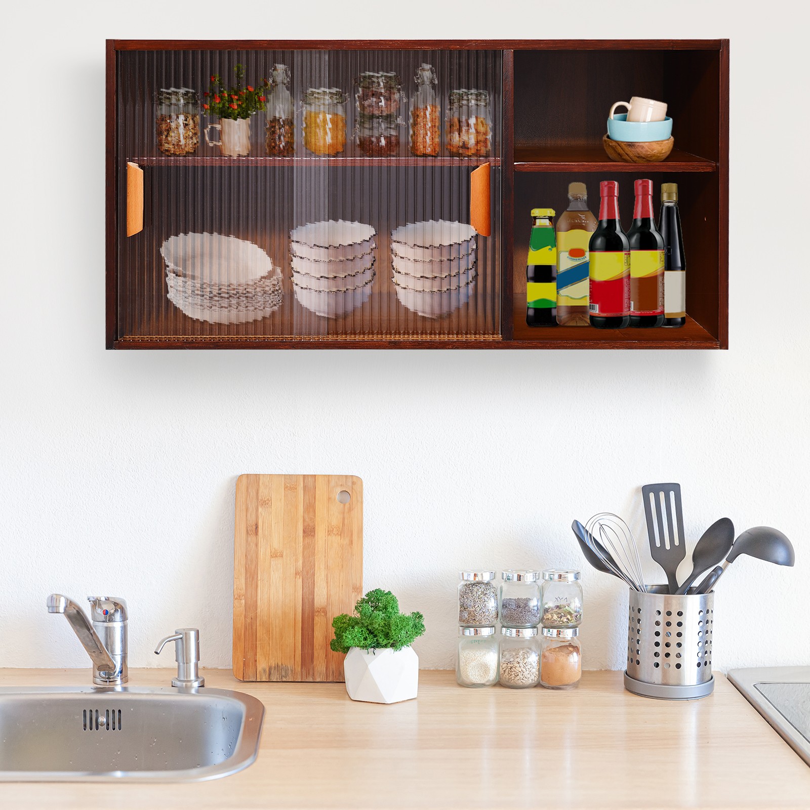 2 Tier Modern Walnut Cupboard, Plate/Cup Storage Cabinet, Kitchen Pantry Cabinet