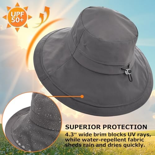 UPF 50+ Women's Sun Hat, Waterproof Wide Brim Bucket Hat, Ponytail Dark Grey