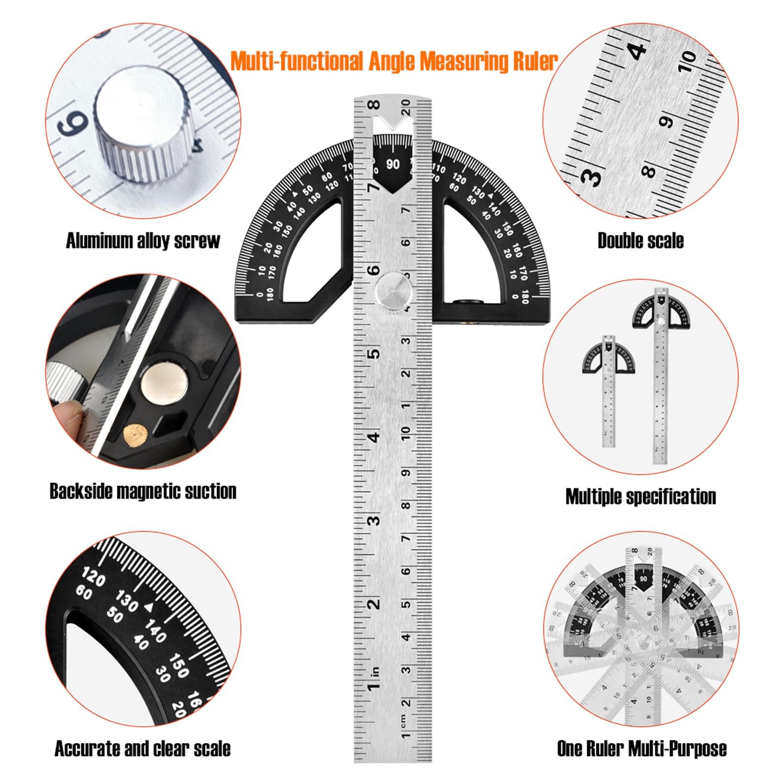 Protractor Angle Finder Stainless Steel Angle Ruler with 0-180 Degrees Adjust...