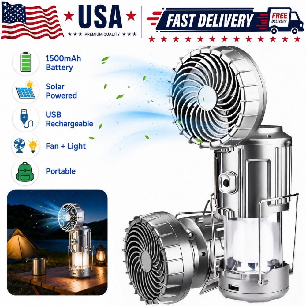 Solar Portable LED Camping Lantern with Fan USB Rechargeable Flashlight Lamp US