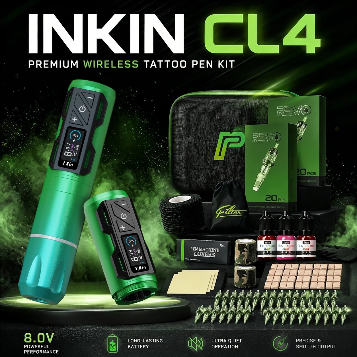 Wireless Tattoo Kit Tattoo Machine Pen 4.0mm Stroke 2 Batteries 40PCS Cartridge