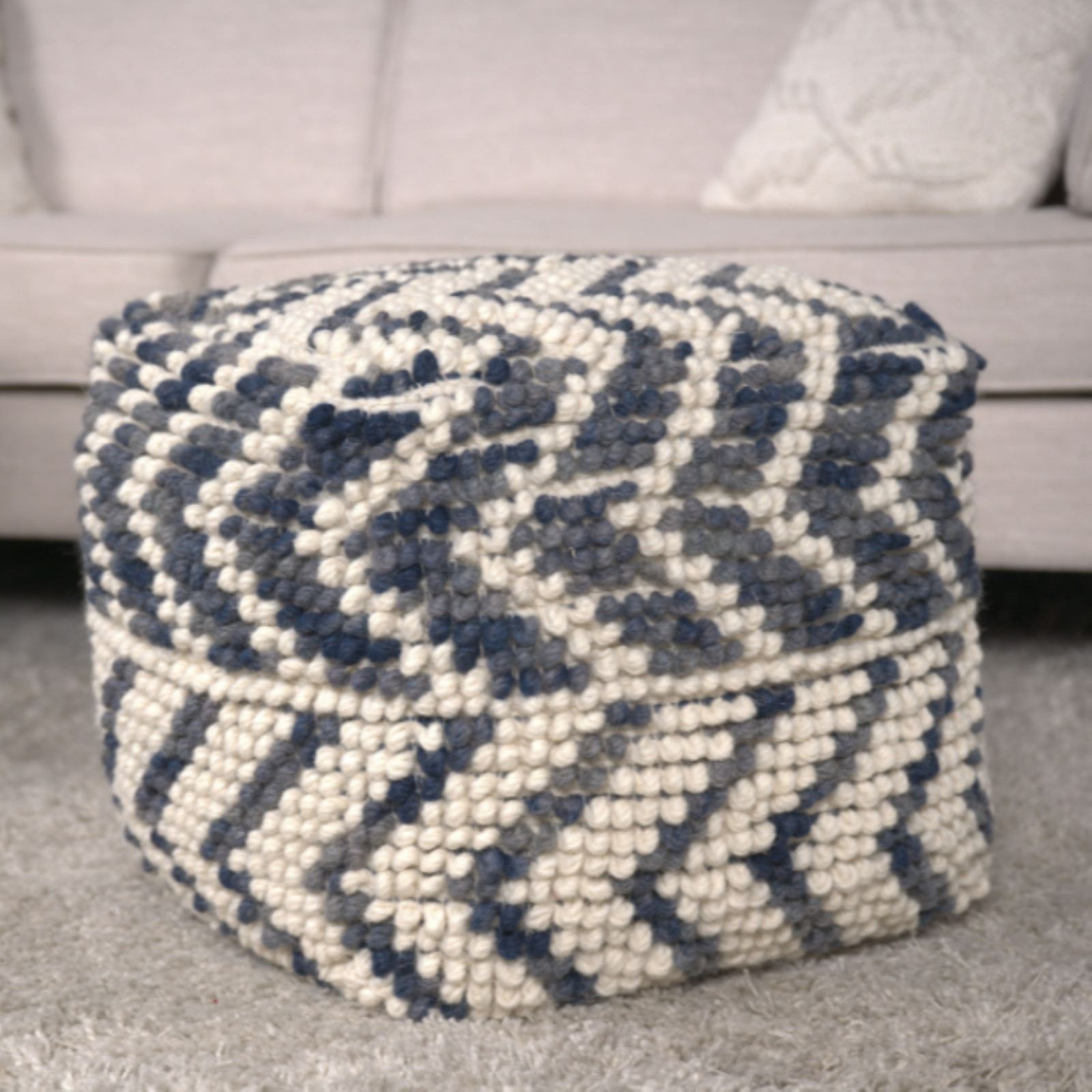 Alina Wool and Cotton Pouf, Natural and Blue