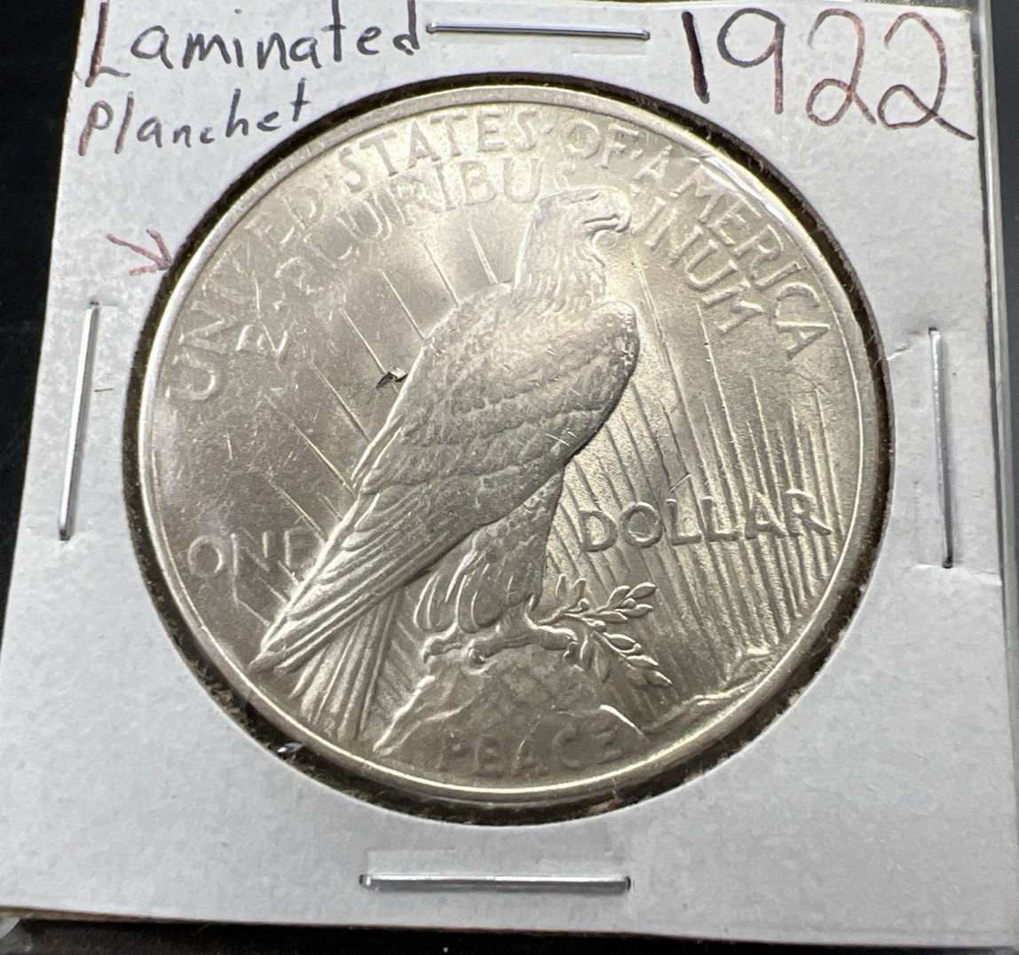 1922 P $1 Peace Silver Dollar Coin Laminated Planchet Error CH AU About UNC