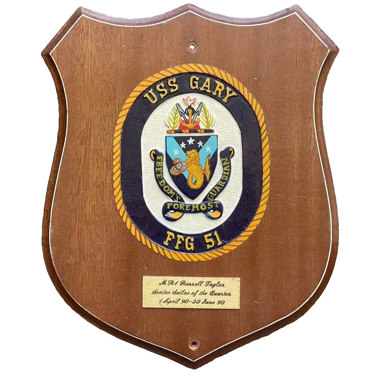 Original 1990 USS Gary FFG-51 Senior Sailor of the Quarter Presentation Plaque