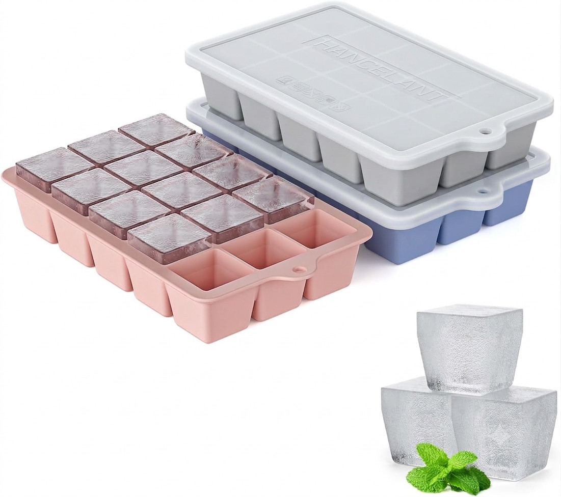 3 Pack Silicone Food/Ice Cube Tray Molds W/Lids BPA Free Blue/Pink/Gray NEW