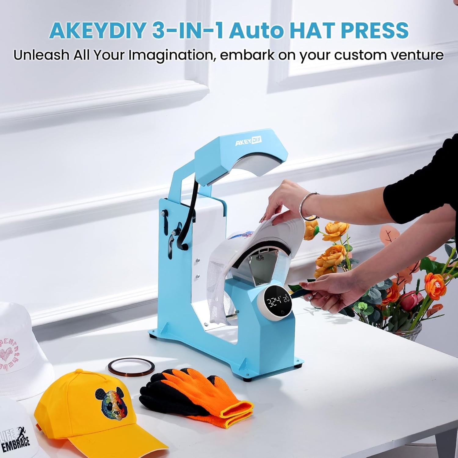 3-in-1 Auto Hat Heat Press Machine for Caps with 3 Pcs Interchangeable Platens💜