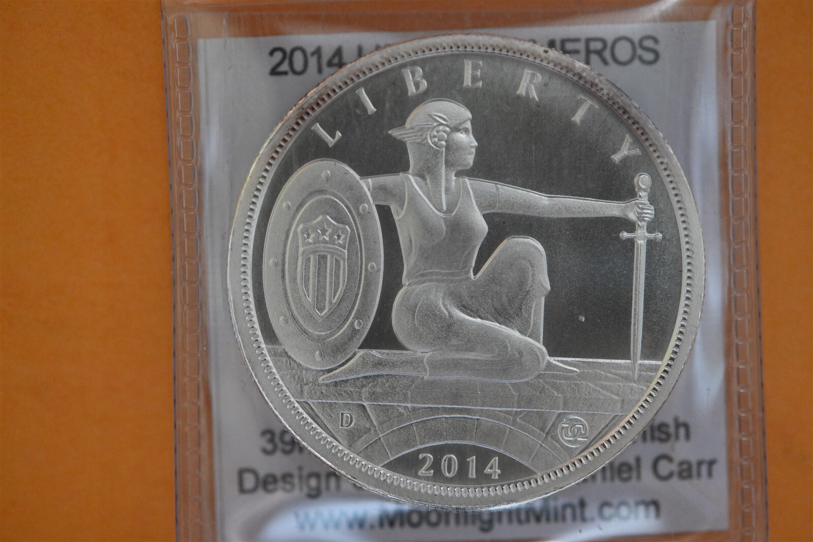 2014 Daniel Carr 1 ounce Semi-PL Silver $20 Ameros, Shield Liberty W/insert