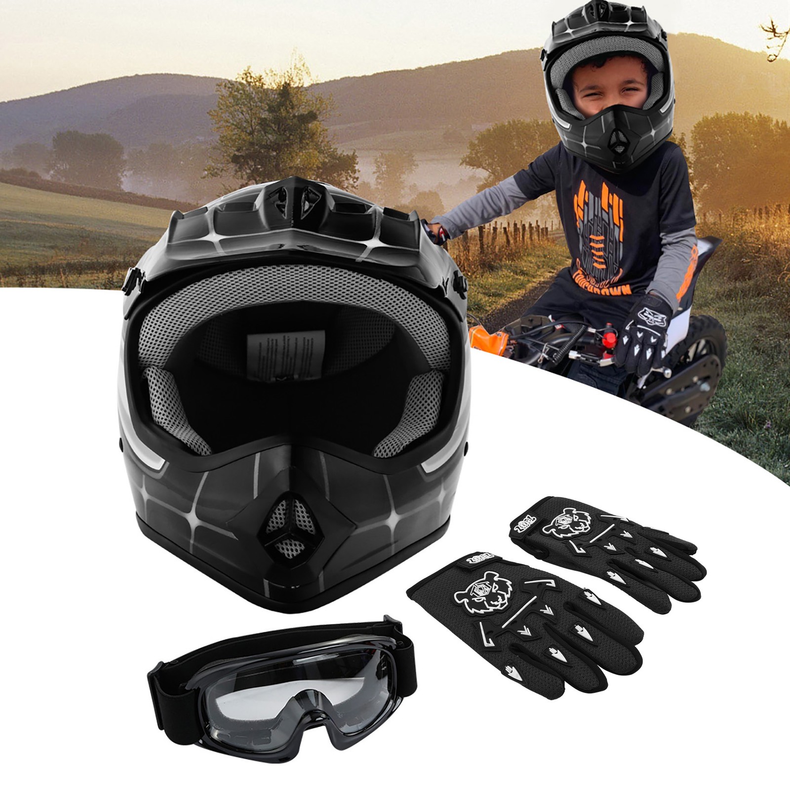 DOT Youth Kids BMX MX ATV Dirt Bike Motocross Motorcycle Helmet Goggles Gloves