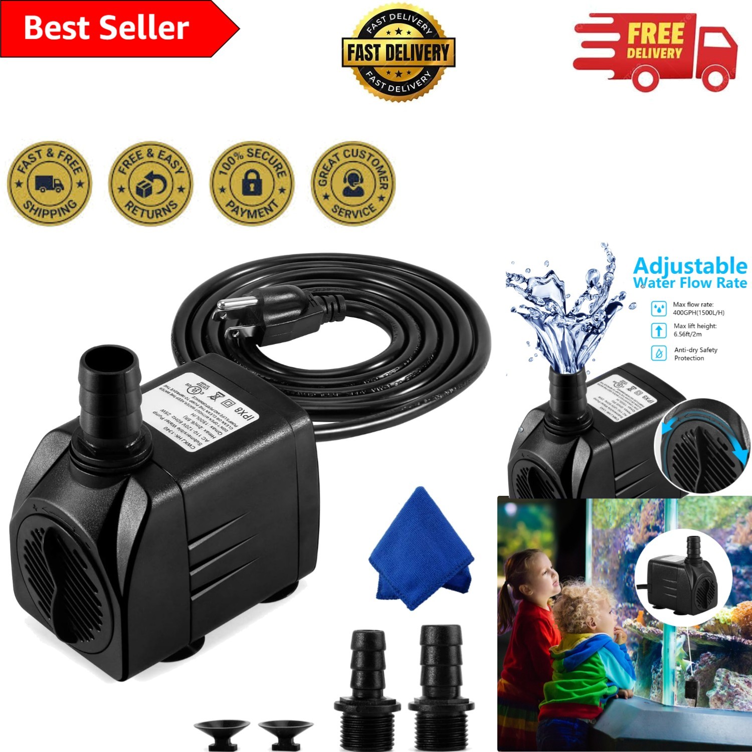 Quiet 25W Fountain Pump with 6.5ft Cord - Ideal for Fish Tanks & Hydroponics